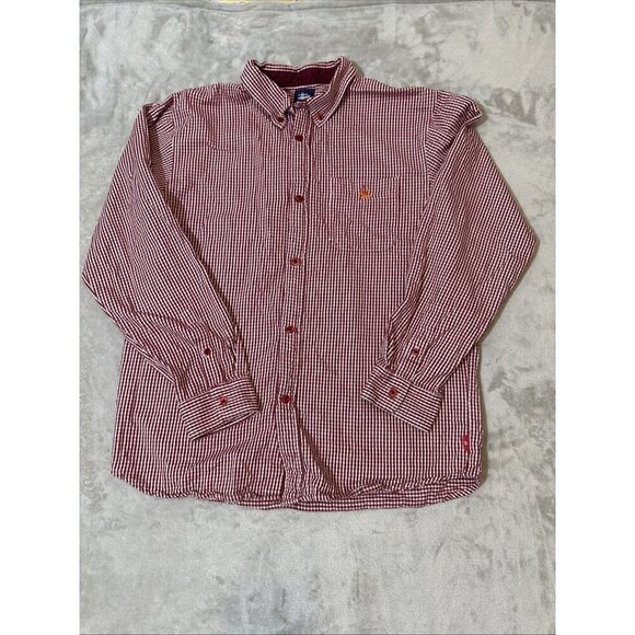 Men’s Stussy Button Up Flannel Shirt Red White Size Medium - Picture 6 of 11